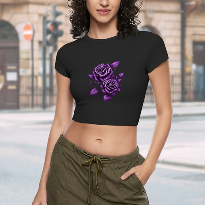 Dark Purple Gothic Rose Art Black Crop Top ¨C Grunge Floral Streetwear