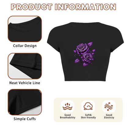 Dark Purple Gothic Rose Art Black Crop Top ¨C Grunge Floral Streetwear
