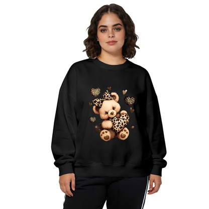 Leopard Print Teddy Bear & Hearts Black Crewneck Sweatshirt