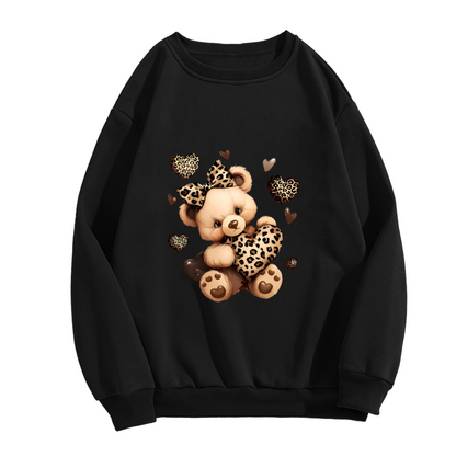 Leopard Print Teddy Bear & Hearts Black Crewneck Sweatshirt