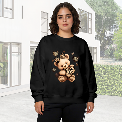 Leopard Print Teddy Bear & Hearts Black Crewneck Sweatshirt