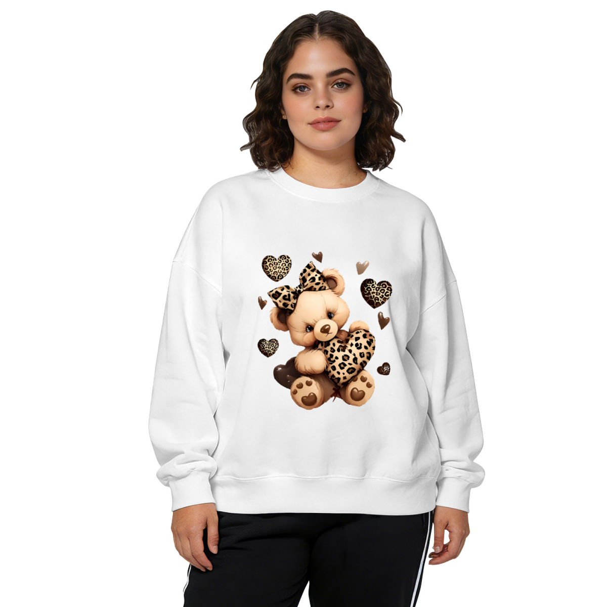 Leopard Print Teddy Bear & Hearts Black Crewneck Sweatshirt