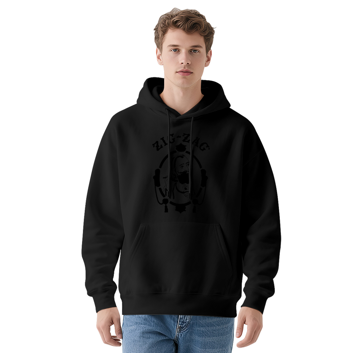 Vintage Zig-Zag Portrait Graphic White Hoodie, Unisex Cozy Retro Style Hooded Top