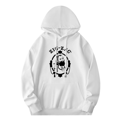 Vintage Zig-Zag Portrait Graphic White Hoodie, Unisex Cozy Retro Style Hooded Top