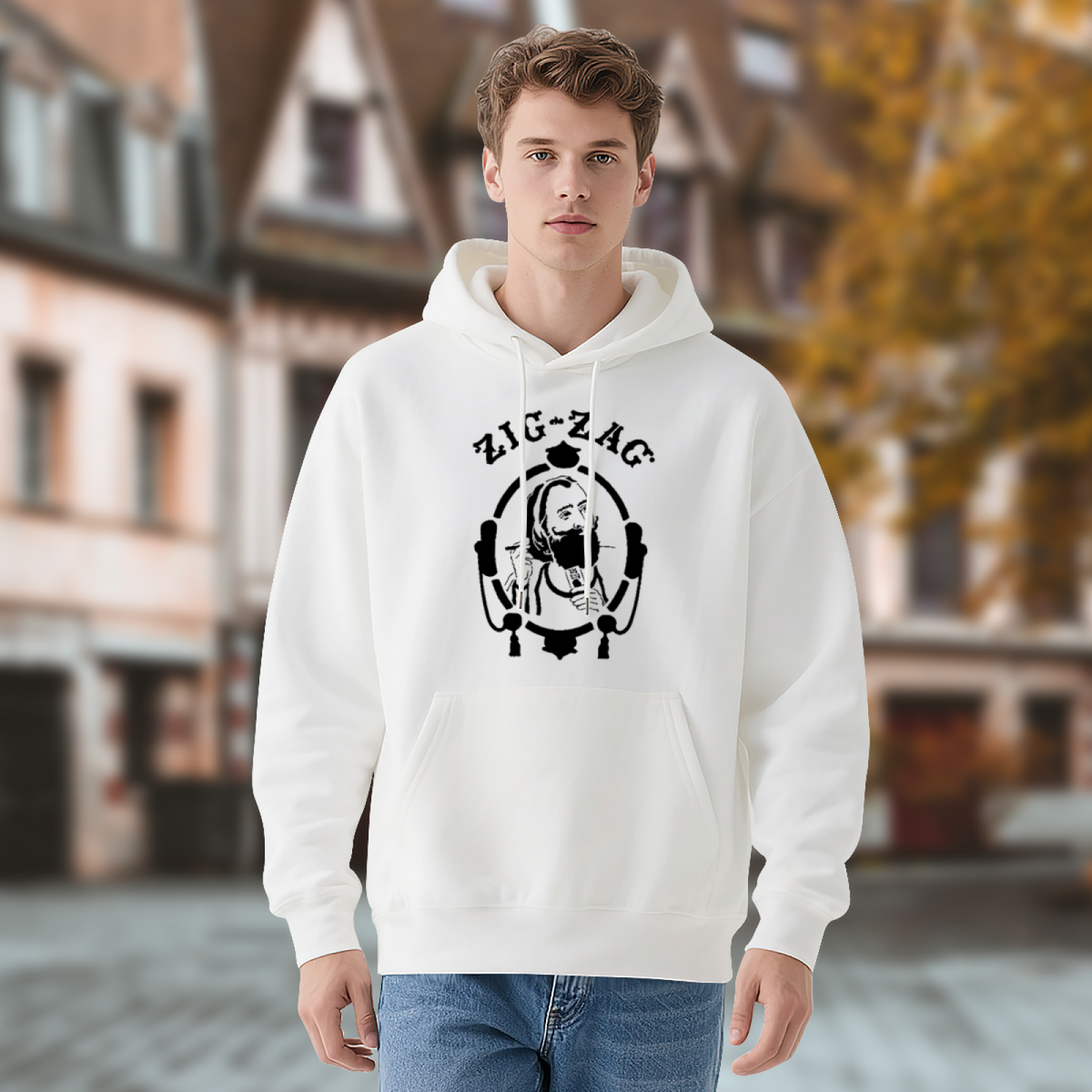 Vintage Zig-Zag Portrait Graphic White Hoodie, Unisex Cozy Retro Style Hooded Top