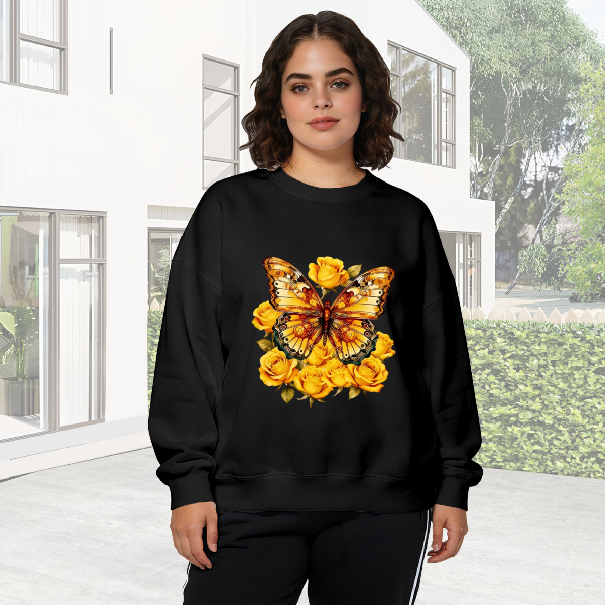 Stunning Golden Butterfly With Yellow Roses Art Crewneck Sweatshirt