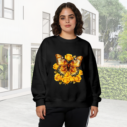 Stunning Golden Butterfly With Yellow Roses Art Crewneck Sweatshirt