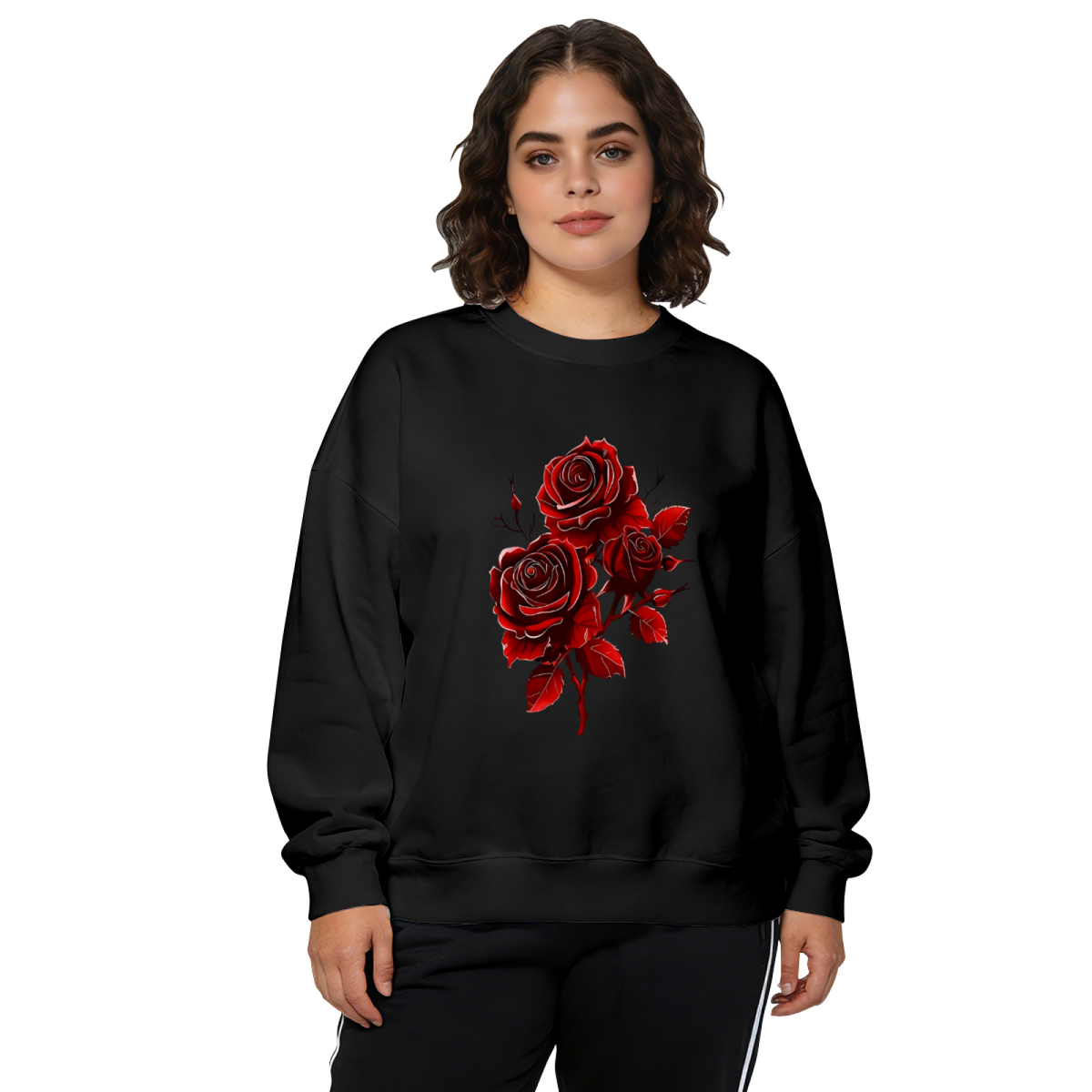 Bold Deep Red Rose Dark?Tone Graphic Crewneck Sweatshirt