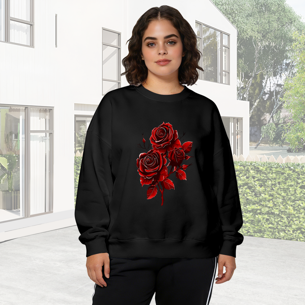 Bold Deep Red Rose Dark?Tone Graphic Crewneck Sweatshirt