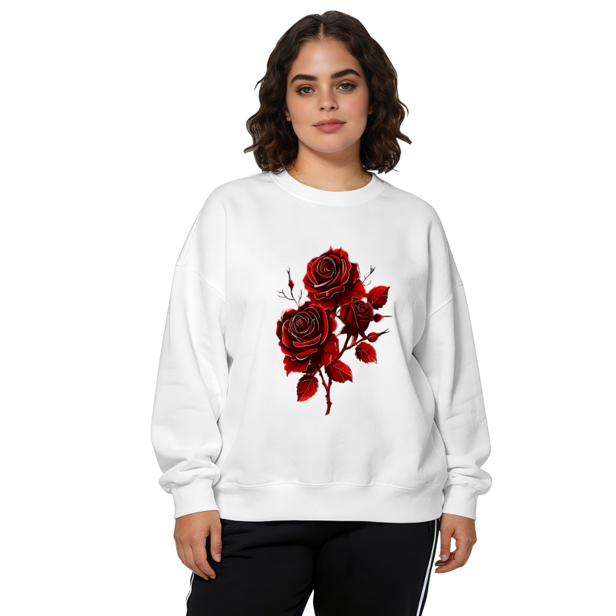 Bold Deep Red Rose Dark?Tone Graphic Crewneck Sweatshirt