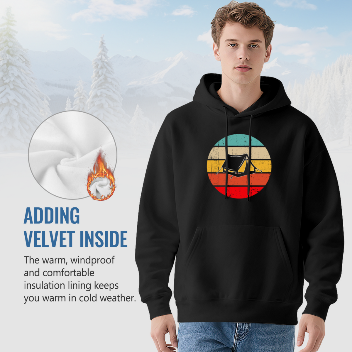 Retro Sunset Camping Tent Graphic Unisex Hoodie, Soft Outdoor Comfort