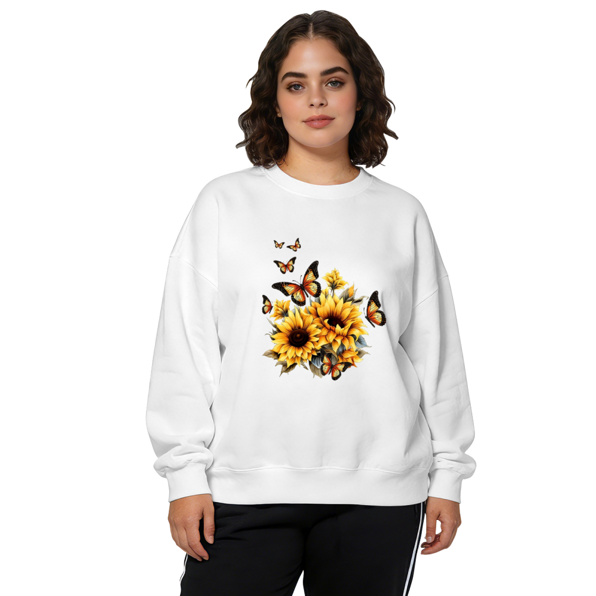 Bright Sunflower & Dancing Monarch Butterflies Crewneck Sweatshirt