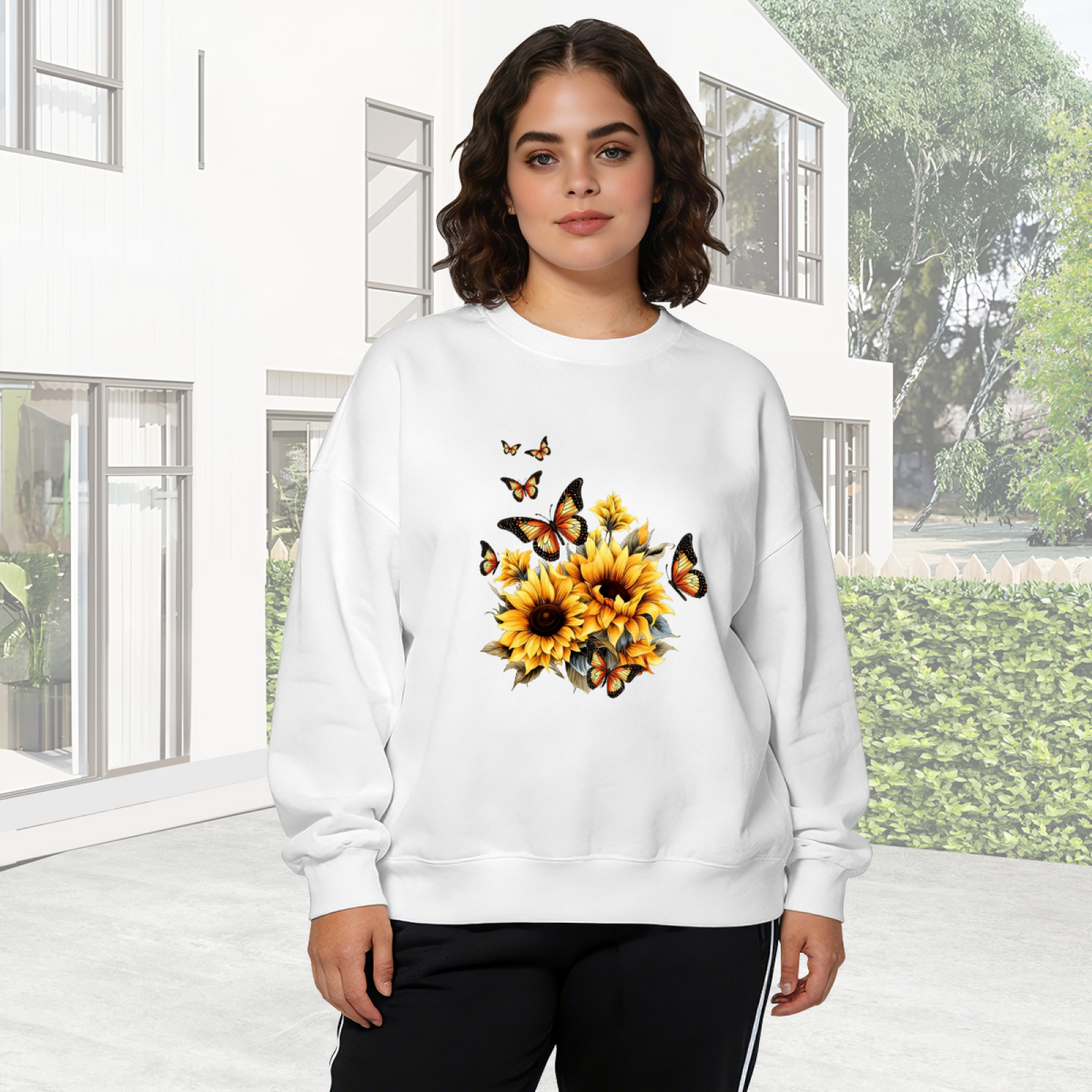 Bright Sunflower & Dancing Monarch Butterflies Crewneck Sweatshirt