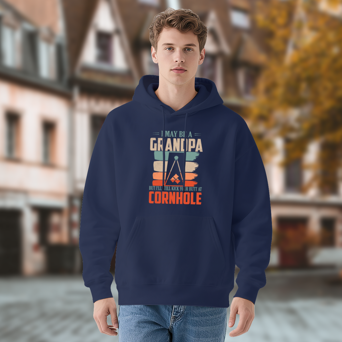 Retro Grandpa Cornhole Game Navy Hoodie, Unisex Family Leisure Soft Top