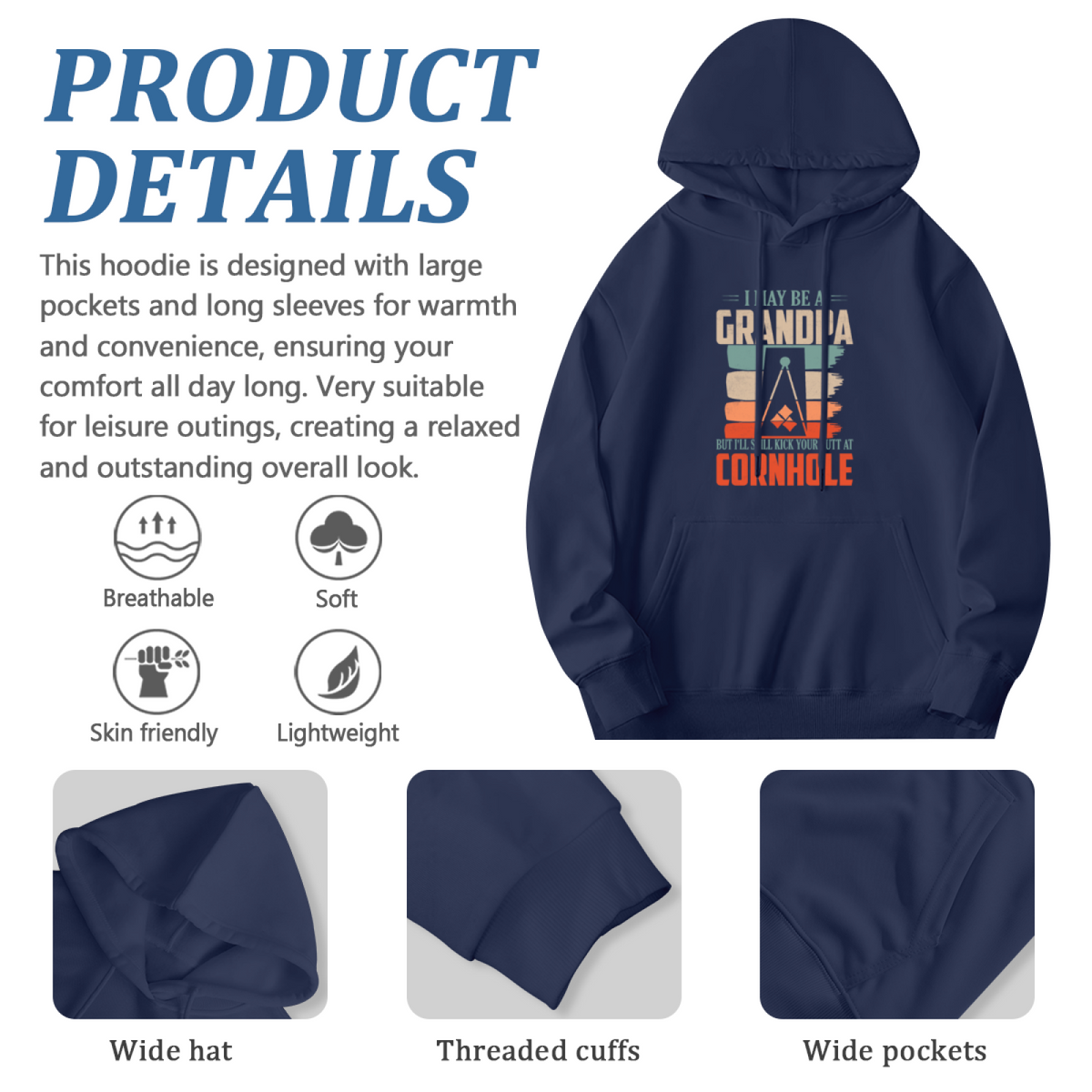 Retro Grandpa Cornhole Game Navy Hoodie, Unisex Family Leisure Soft Top