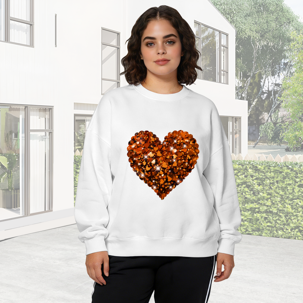 Sparkling Amber Glitter Heart Design Crewneck Sweatshirt
