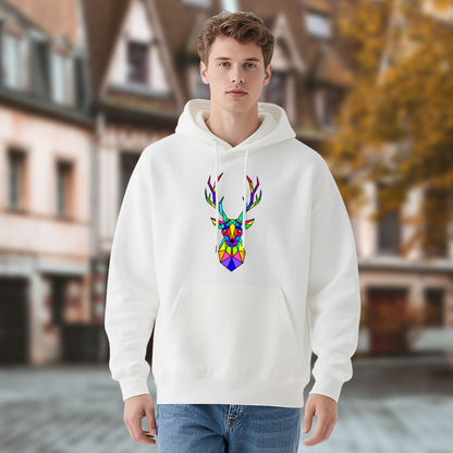 Rainbow Geometric Stag Colorful White Hoodie For All Genders, Soft Cozy Cut