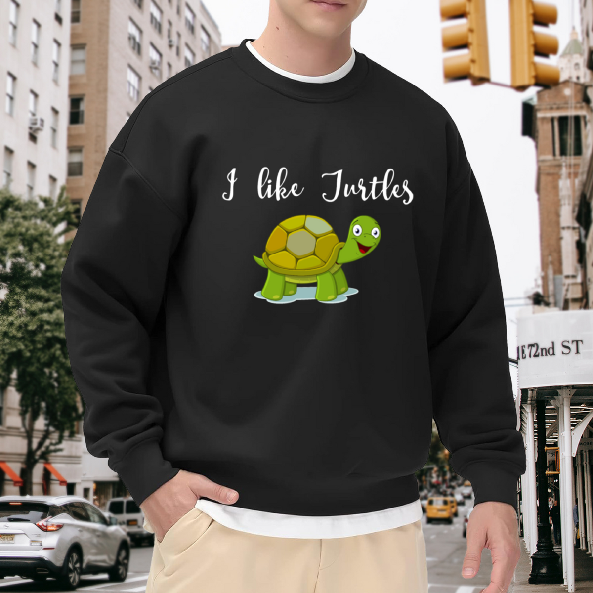 I Like Turtles Cute Cartoon Turtle Graphic Crewneck Sweatshirt, Reptile Lover Casual Pullover