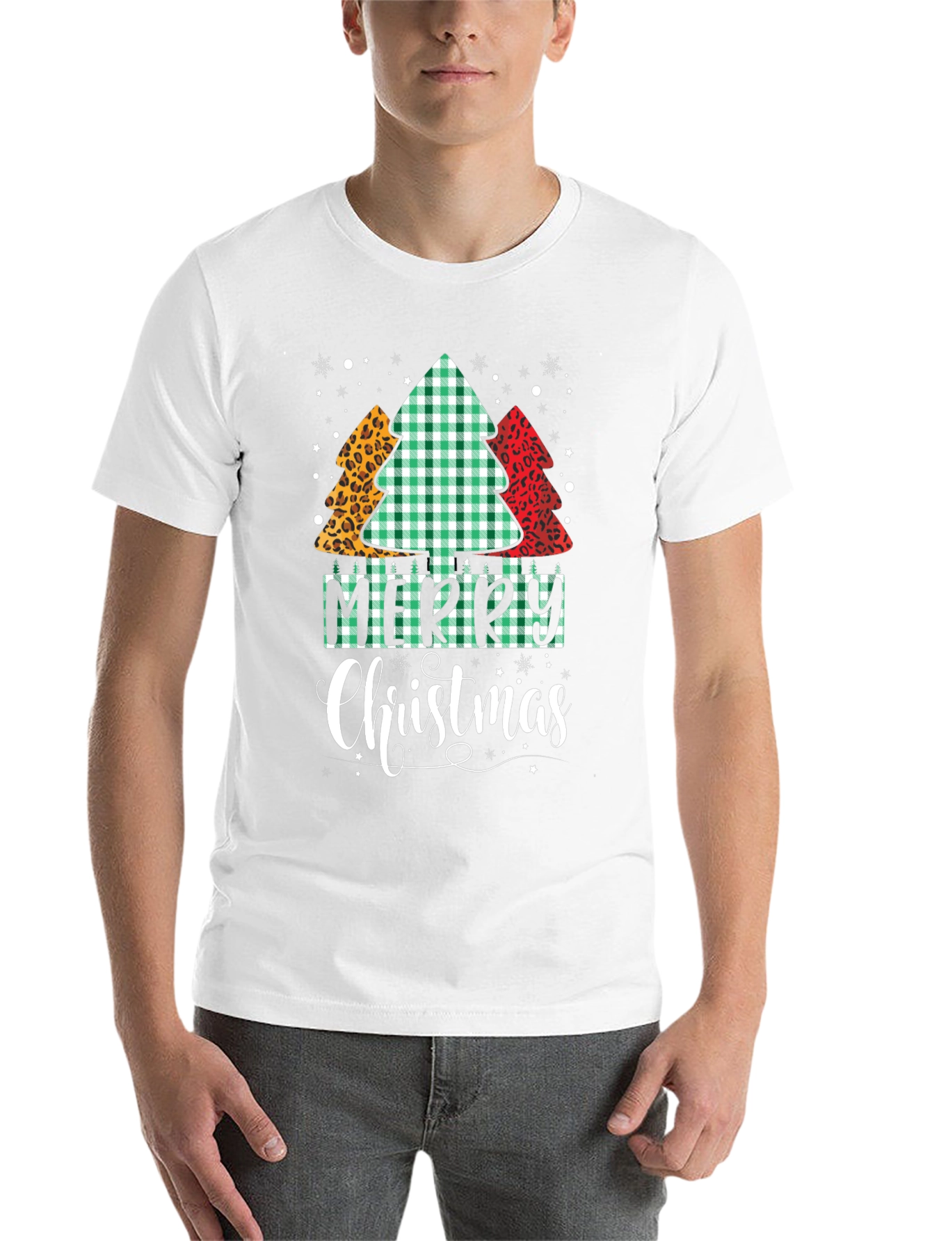Merry Christmas Tree Pattern Black T-Shirt
