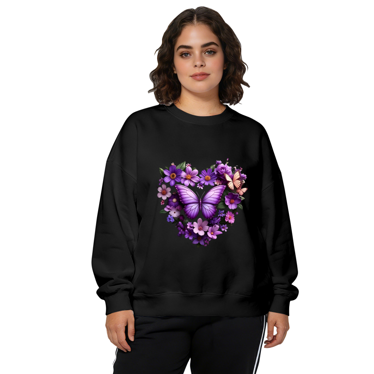 Dreamy Purple Floral Heart Butterfly Art Crewneck Sweatshirt