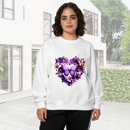 Dreamy Purple Floral Heart Butterfly Art Crewneck Sweatshirt