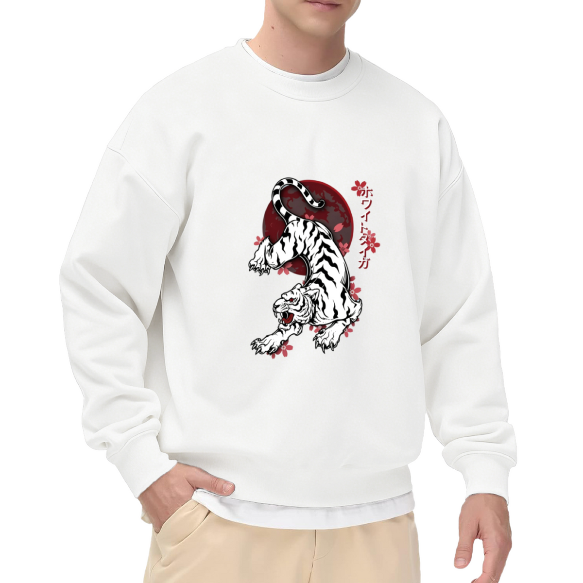 Japanese White Tiger Cherry Blossom Street Crewneck Sweatshirt