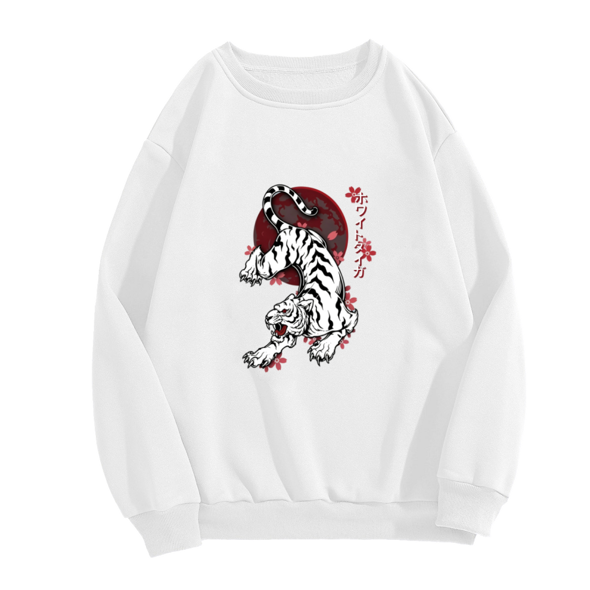 Japanese White Tiger Cherry Blossom Street Crewneck Sweatshirt