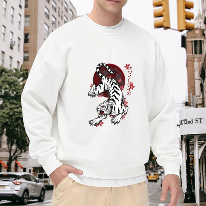 Japanese White Tiger Cherry Blossom Street Crewneck Sweatshirt