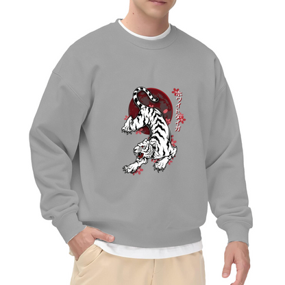 Japanese White Tiger Cherry Blossom Street Crewneck Sweatshirt