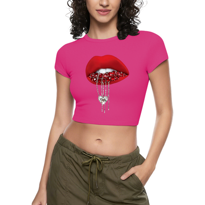 Rhinestone Heart Chain Lips Bold Red Crop Tee