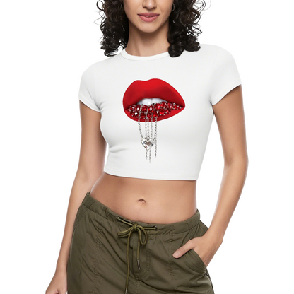 Rhinestone Heart Chain Lips Bold Red Crop Tee