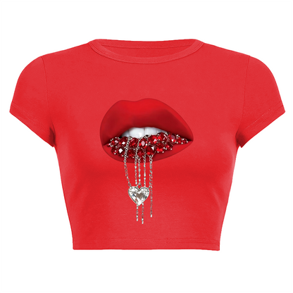 Rhinestone Heart Chain Lips Bold Red Crop Tee
