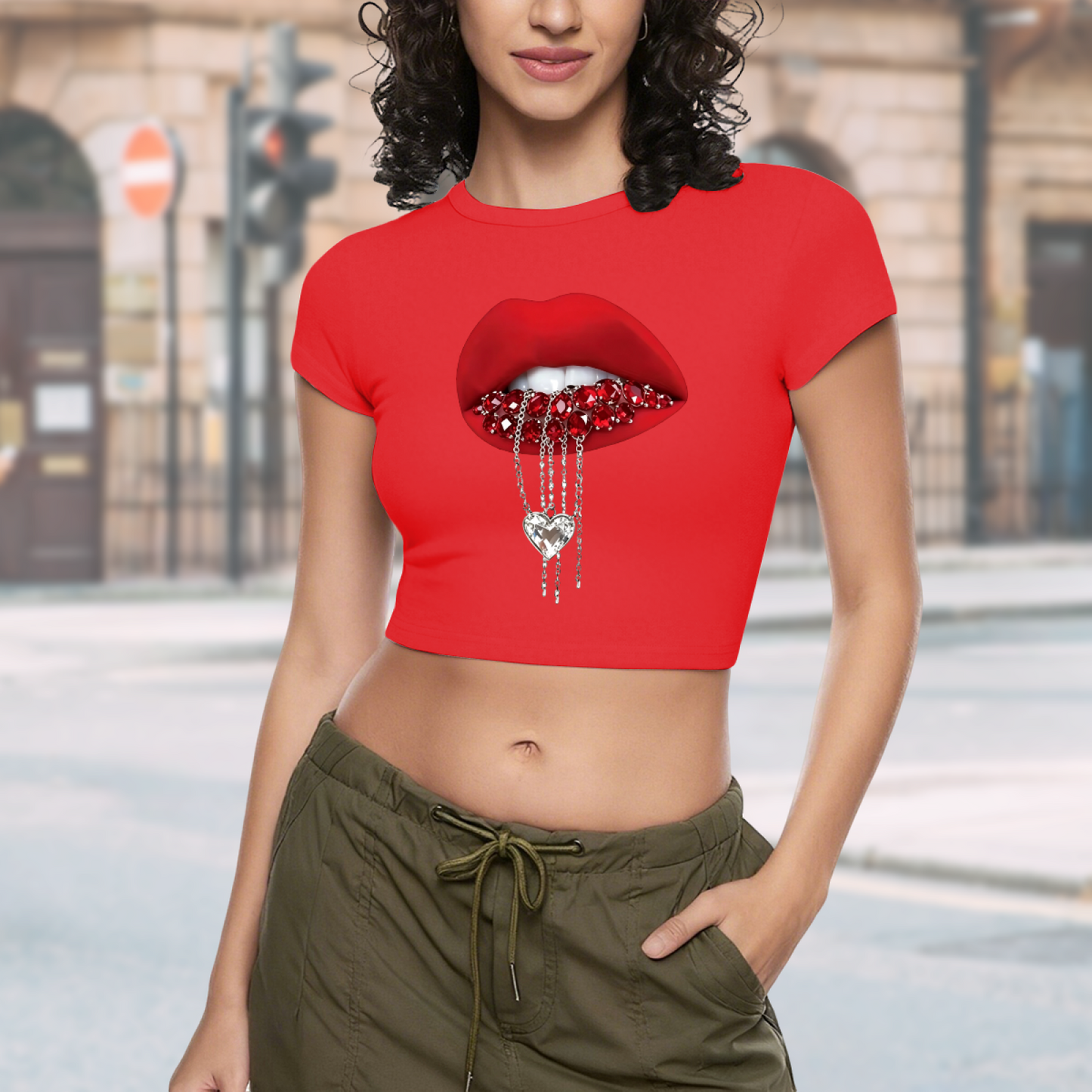 Rhinestone Heart Chain Lips Bold Red Crop Tee