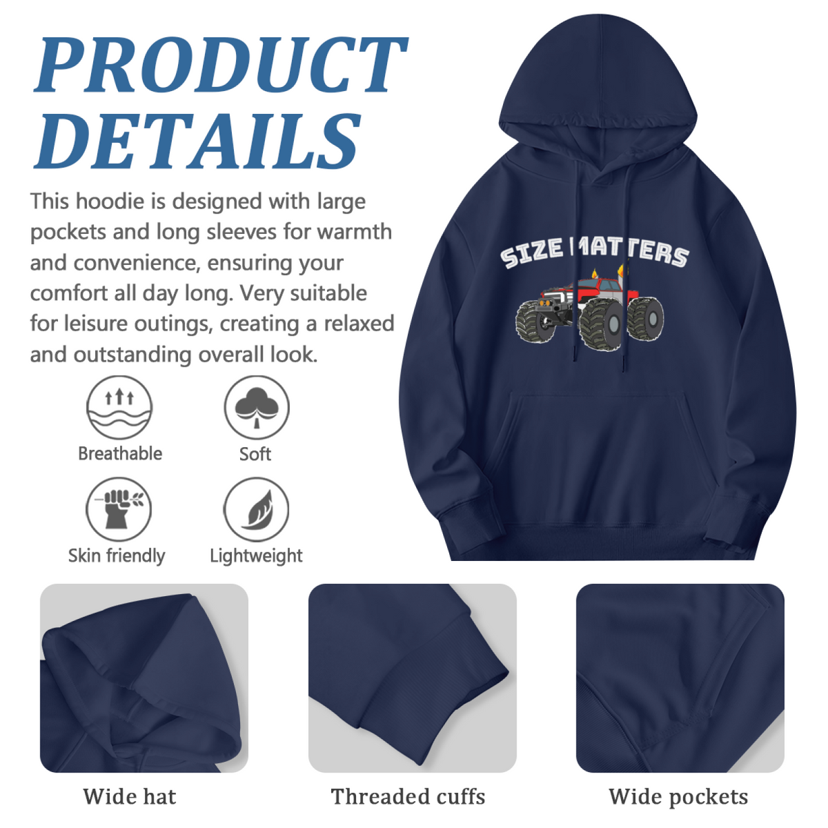 Size Matters Monster Off-Road Truck Graphic Hoodie, Mens Cozy Outdoor Pullover