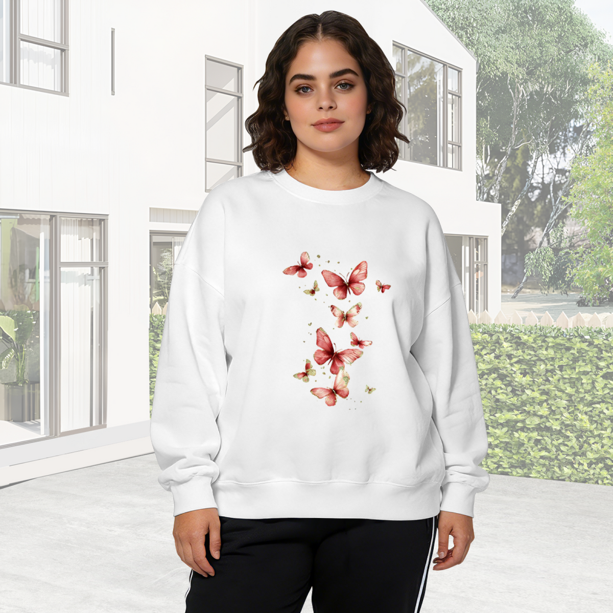Soft Watercolor Red?Pink Butterfly Crewneck Sweatshirt
