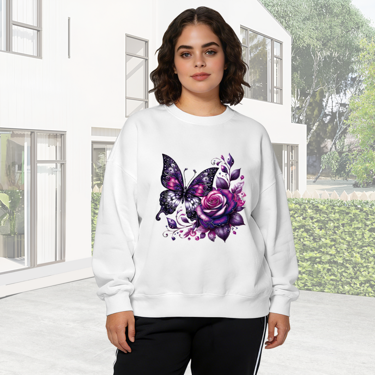 Gothic Purple?Black Butterfly & Rose Art Crewneck Sweatshirt