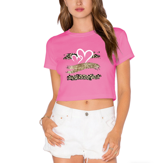 Leopard Glitter Heart Y2K Pink Crop Top