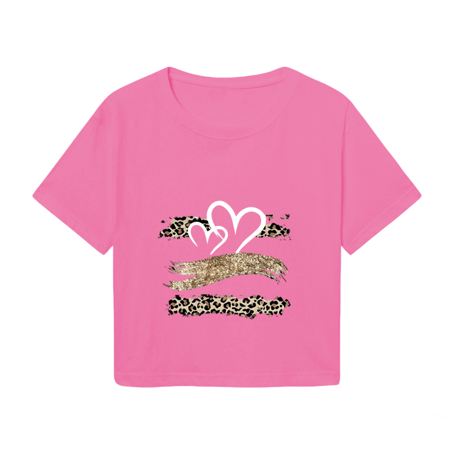 Leopard Glitter Heart Y2K Pink Crop Top