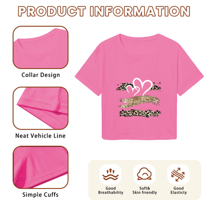 Leopard Glitter Heart Y2K Pink Crop Top