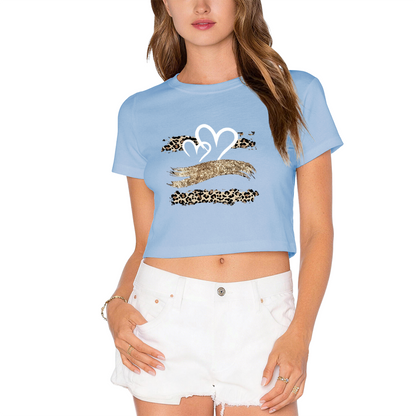 Leopard Glitter Heart Y2K Pink Crop Top