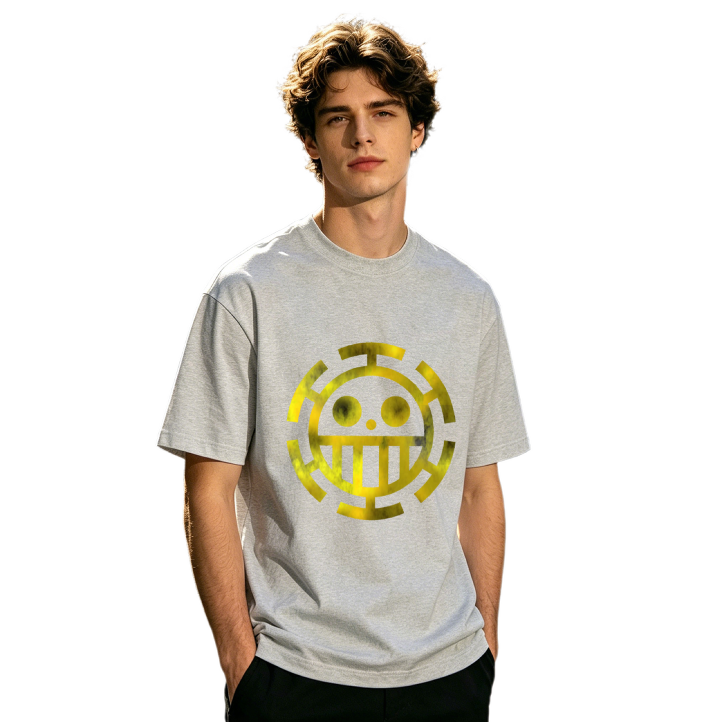Men's One Piece Trafalgar Law Anime Yellow Logo Print T-Shirt