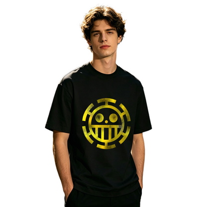 Men's One Piece Trafalgar Law Anime Yellow Logo Print T-Shirt