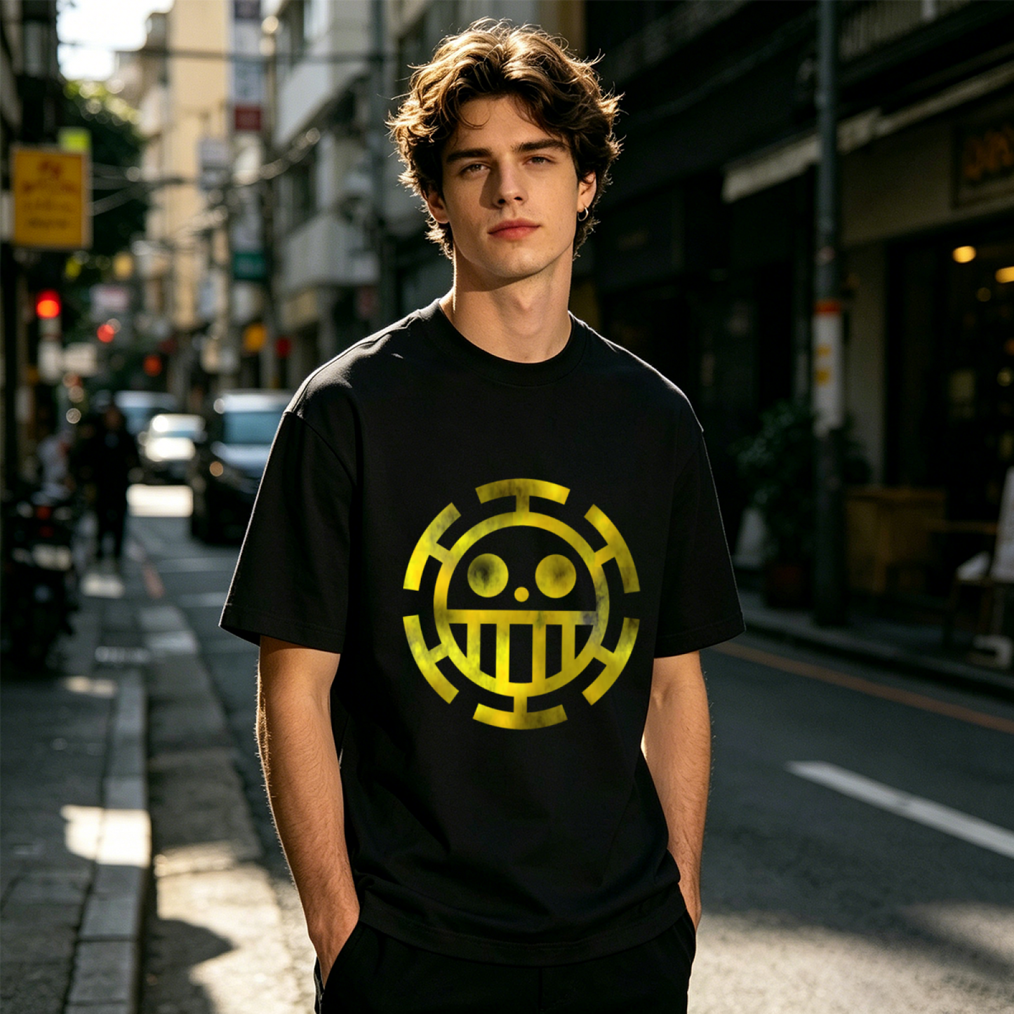 Men's One Piece Trafalgar Law Anime Yellow Logo Print T-Shirt