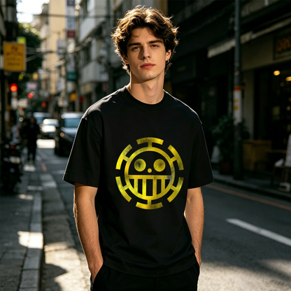 Men's One Piece Trafalgar Law Anime Yellow Logo Print T-Shirt