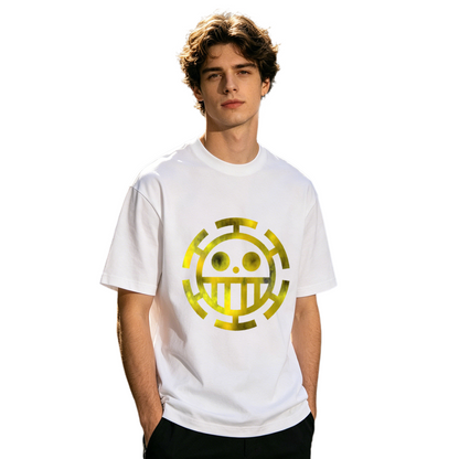 Men's One Piece Trafalgar Law Anime Yellow Logo Print T-Shirt