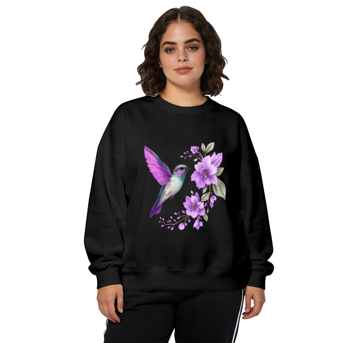 Hummingbird Purple Blossom Watercolor Crewneck Sweatshirt