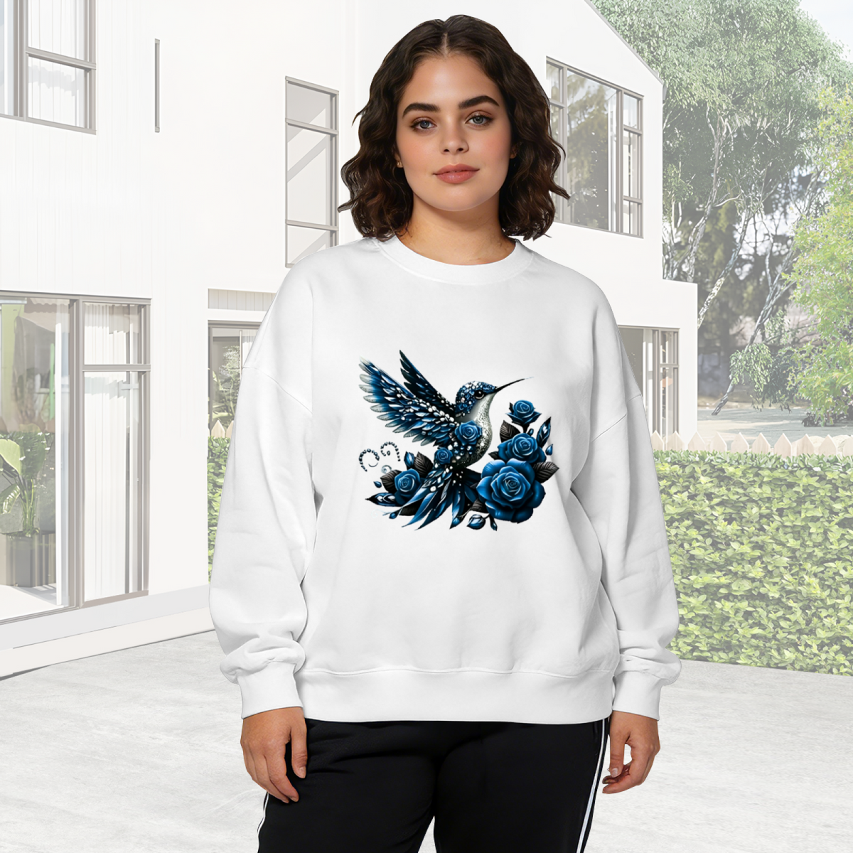 Stunning Sapphire?Blue Hummingbird & Deep Blue Roses Crewneck Sweatshirt