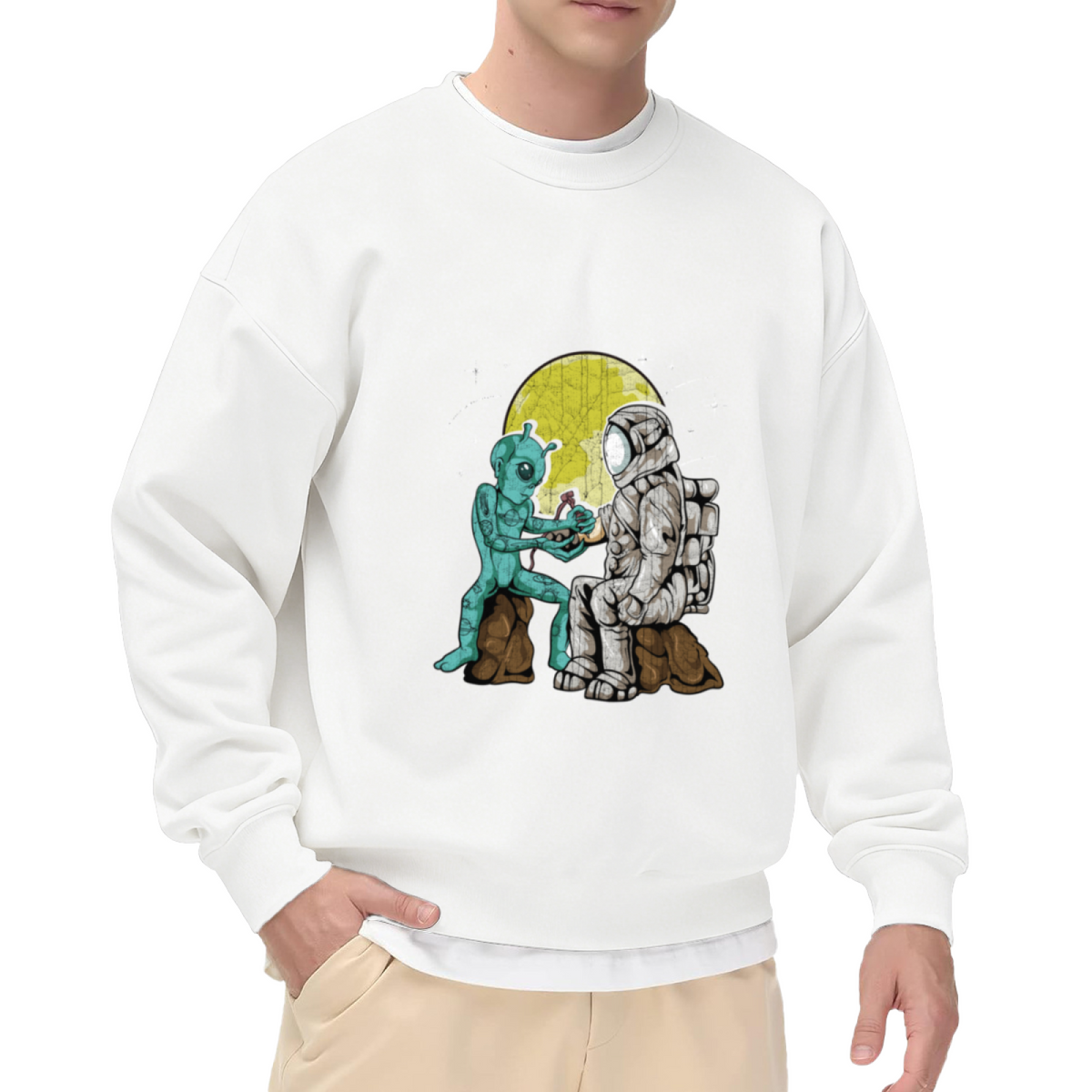 Alien And Astronaut Handshake Outer Space Crewneck Sweatshirt Cool Sci?Fi Graphic Pullover