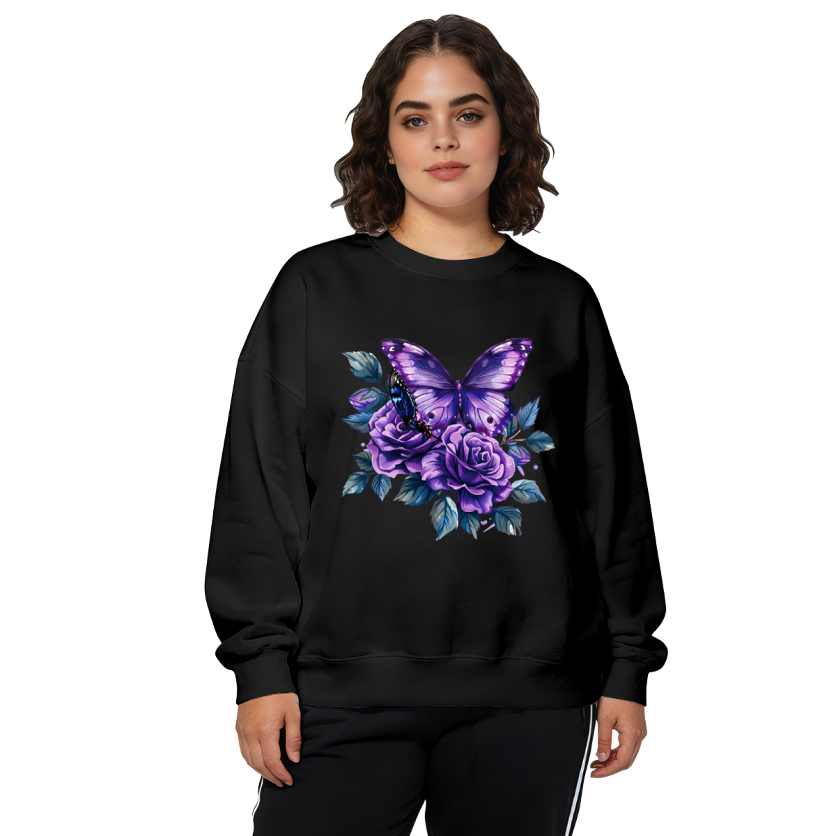 Purple Butterfly & Purple Roses Art Print Crewneck Sweatshirt
