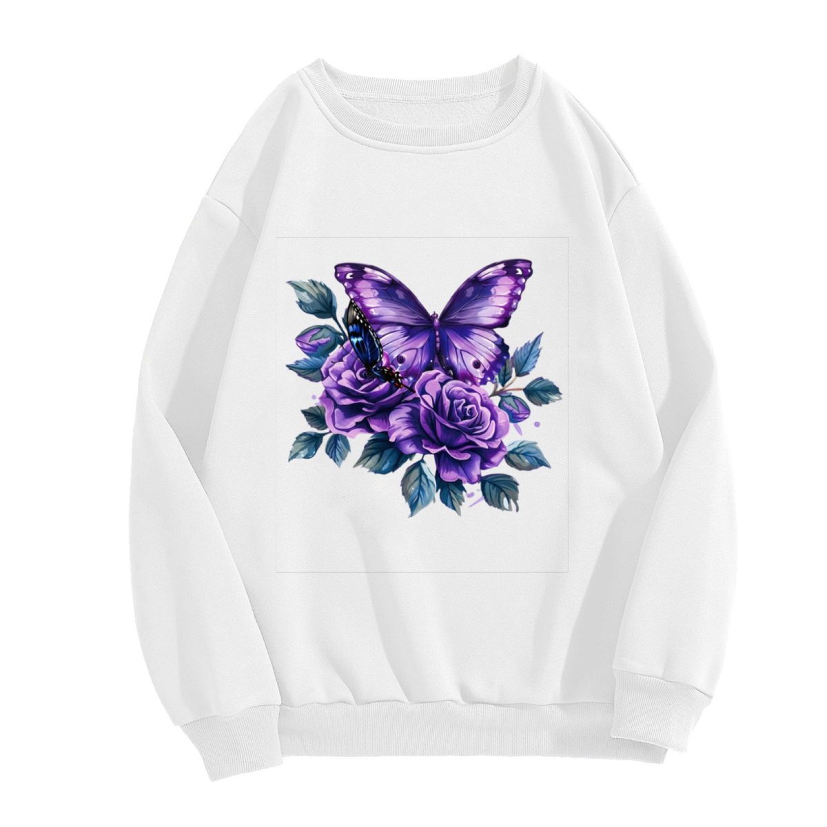 Purple Butterfly & Purple Roses Art Print Crewneck Sweatshirt